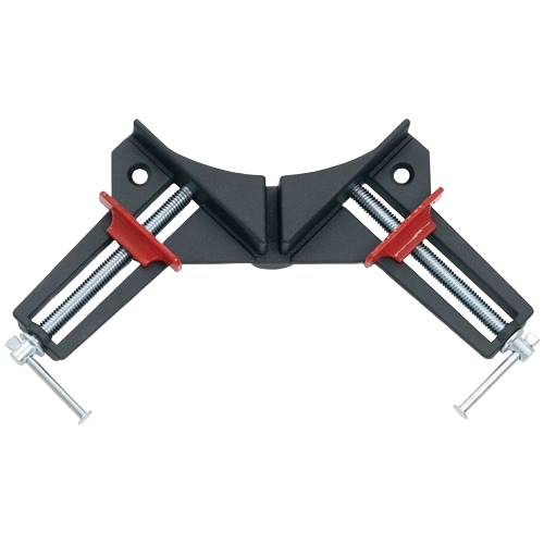 Black and red light duty angle clamp with metal screws for securing woodworking or home improvement projects