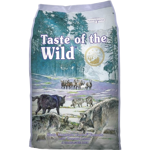 Bag of Taste of the Wild Sierra Mountain dry dog food featuring a nature-inspired design with wolves and sheep illustrations