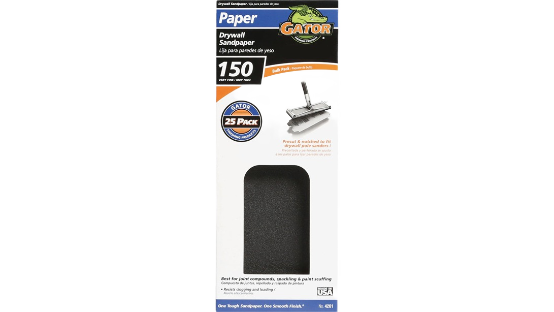 Gator 150-grit drywall sandpaper sheet in packaging for sanding joint compound and home improvement tasks