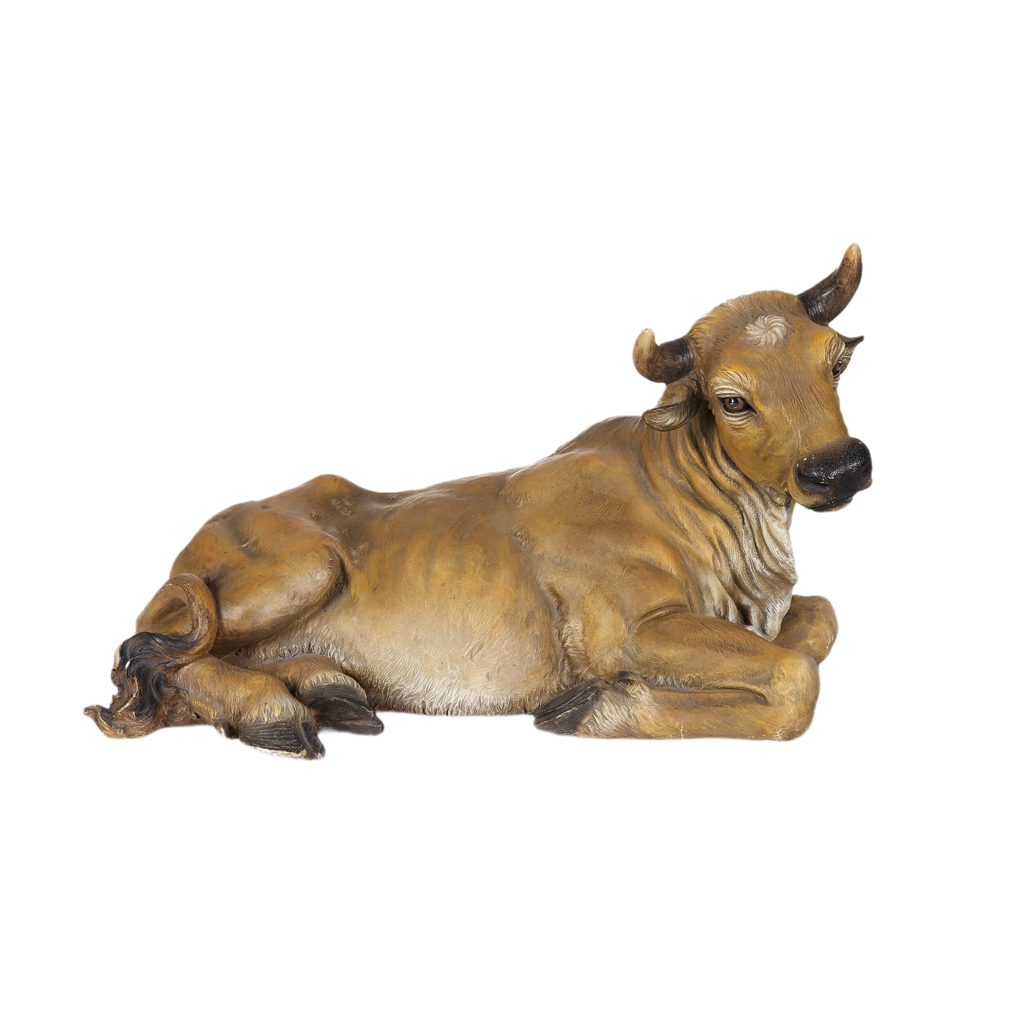 Resin ox figurine in a reclining pose for Christmas Nativity Scenes and holiday decor collections
