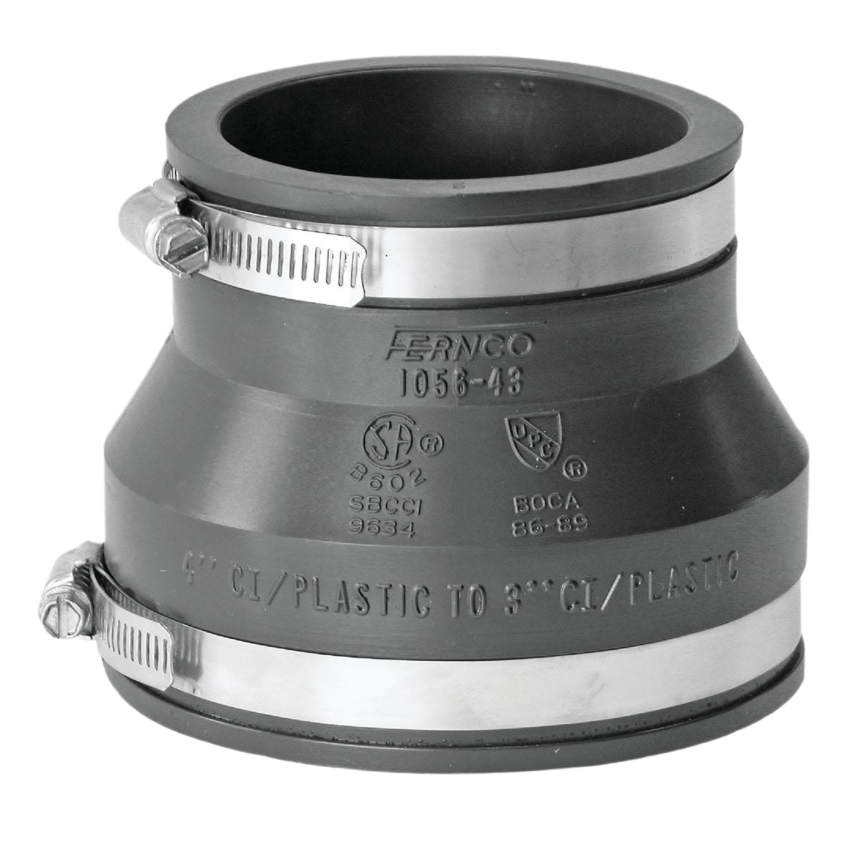 Flexible rubber plumbing coupling with stainless steel clamps connecting clay and plastic pipes under $50 accessories