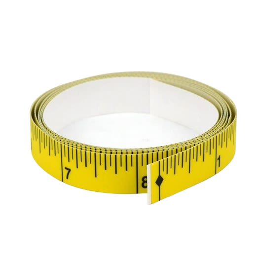 Yellow self-stick tape measure rolled up, featuring clear black markings for precise measurements in woodworking and home improvement.