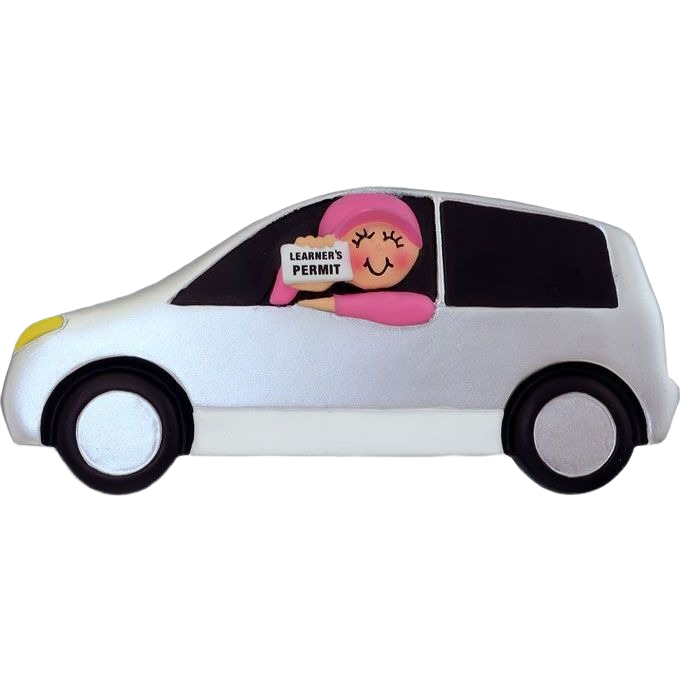 Silver car ornament with smiling female figure holding learner’s permit for Christmas Ornaments & Tree Decorations under $50 collection