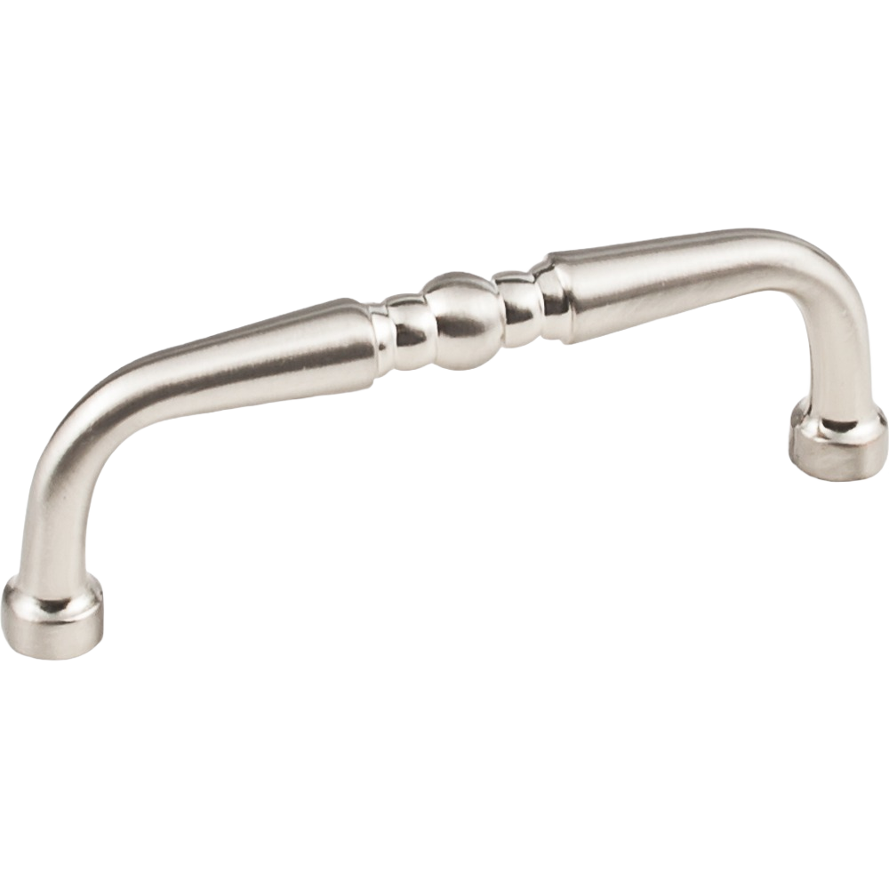 Satin nickel finished cabinet pull with decorative detailing, suitable for furniture hardware and home improvement projects