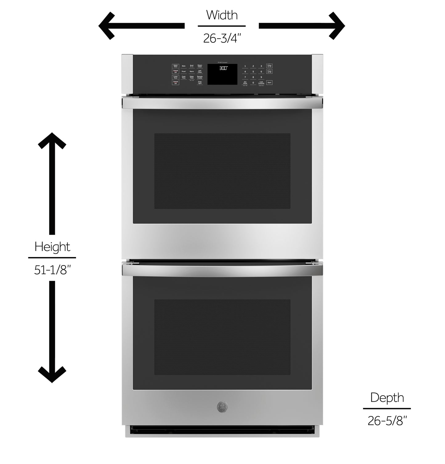 Front view of stainless steel double wall oven with digital controls showing width, height, and depth measurements