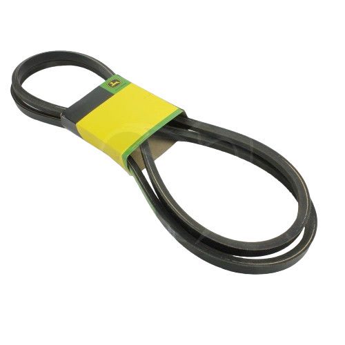 Black V-belt wrapped with green and yellow label for automotive and John Deere equipment parts and tools collections