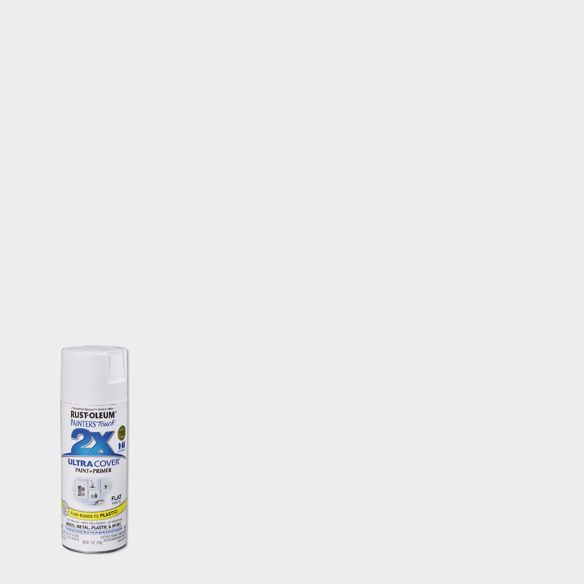 White flat spray paint and primer can for home improvement and Rust Oleum spray paint collections