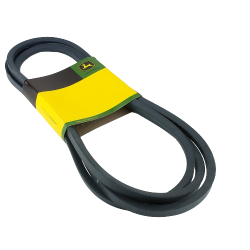 Heavy-duty mower deck drive V-belt with branded green and yellow packaging for outdoor equipment maintenance and tools