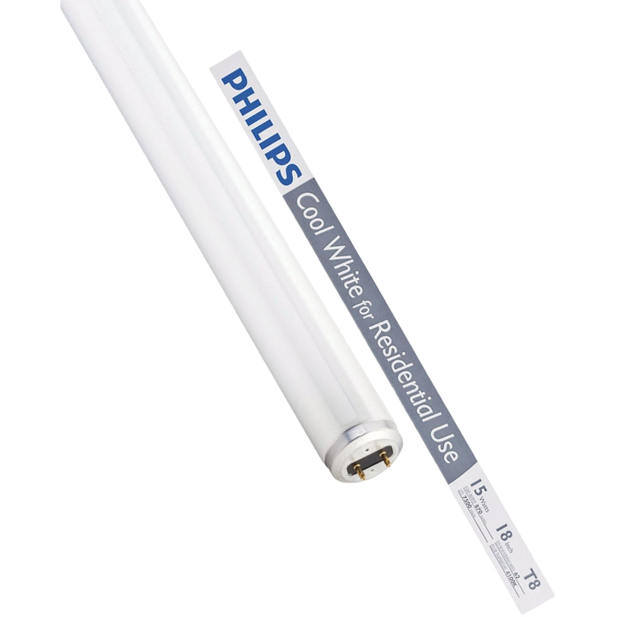 White Philips 15 watt T8 medium bi-pin fluorescent tube light bulb for residential lighting and home improvement projects