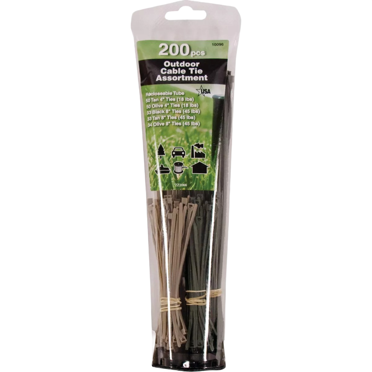 Assorted tan, olive, and black nylon cable ties in 200-piece pack for outdoor use in electrical and home improvement projects