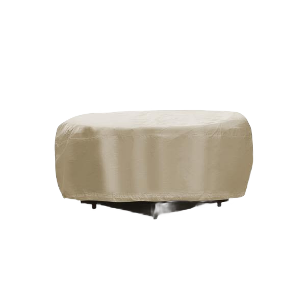 Heavy-duty tan vinyl cover protecting round fire pit with hook and loop fasteners for outdoor living and patio furniture care