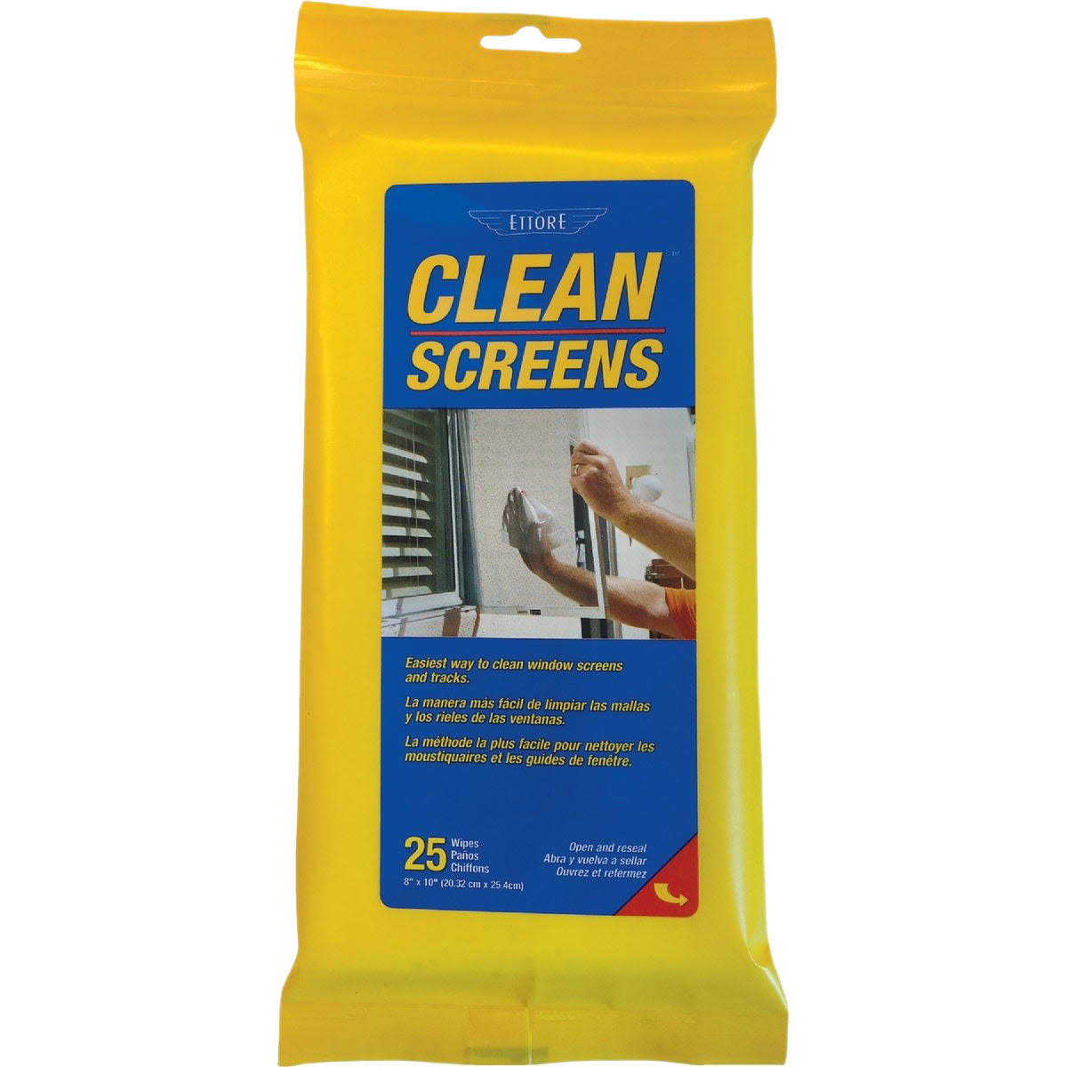 Yellow package of moist window screen cleaning wipes featuring usage instructions in cleaning tools and home improvement collections under $50