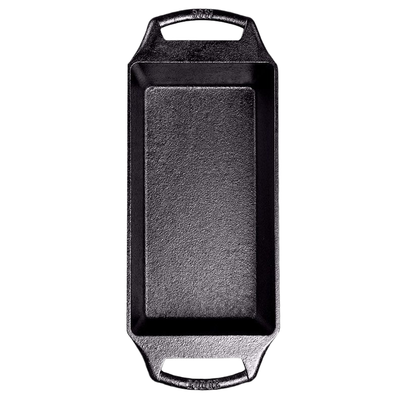 Rectangular cast iron loaf pan with integrated handles for even heat retention and reliable baking performance
