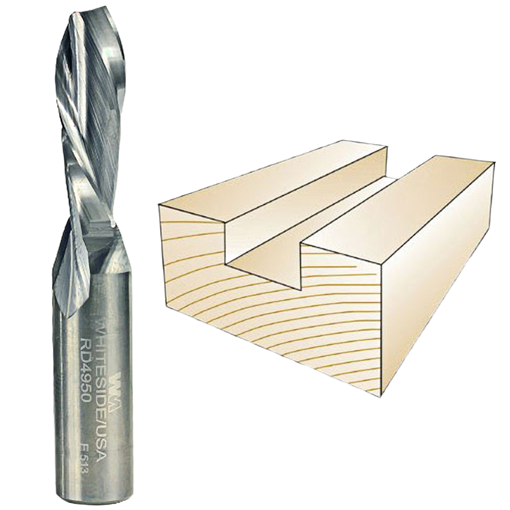 Whiteside spiral downcut bit next to wood groove illustration for precise woodworking under $100 tool accessories