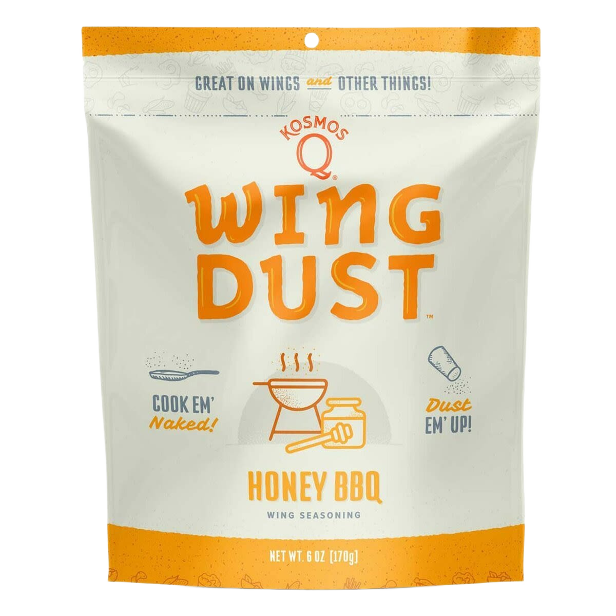 Packaging of Kosmos Q Honey BBQ Wing Seasoning with orange and white design for cooking and grilling tasks