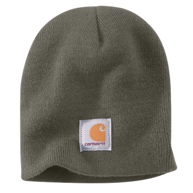 Dusty olive knit beanie with Carhartt logo patch, designed for warmth and casual outdoor wear