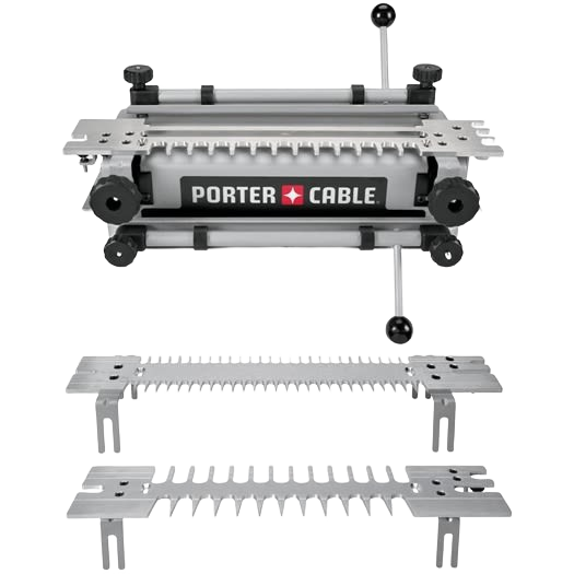 Metal dovetail jig and cutter plates with adjustment knobs for precise woodworking joinery and home improvement tools