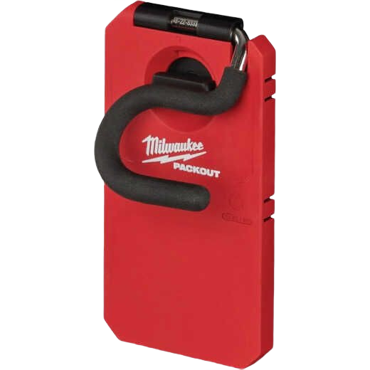 Red Milwaukee PACKOUT modular storage hook with padded S-shaped design for tool and garage organization solutions