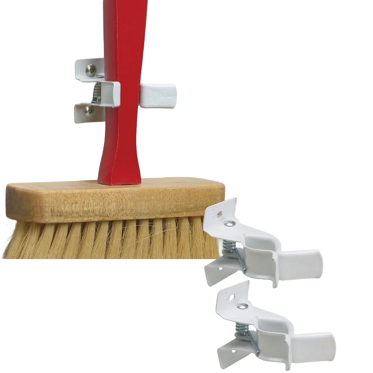 White rust-resistant spring clip hooks attached to broom handle and two extra clips on white background in hardware collection