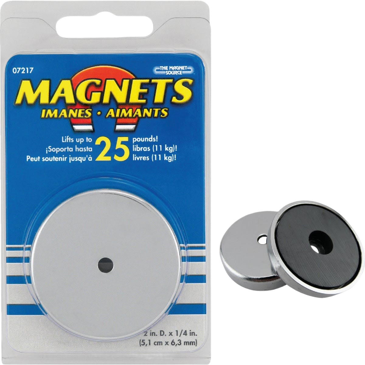 Round silver magnetic base with 25 lb. holding power in blue retail packaging, ideal for hardware and office supplies collections