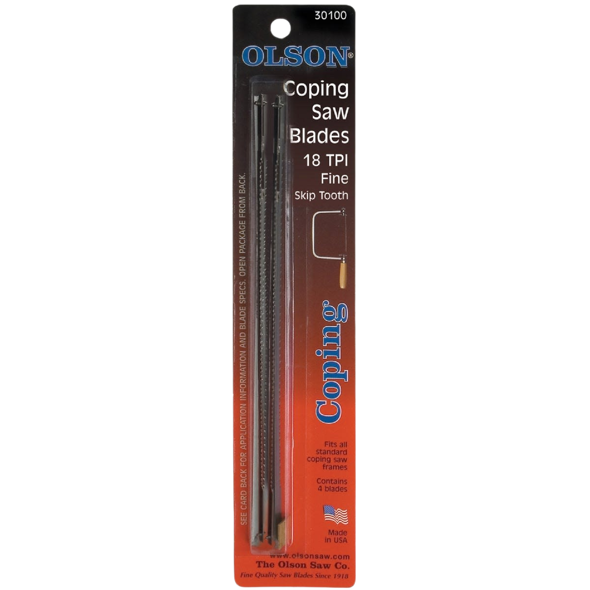 Pack of four Olson fine 18 TPI coping saw blades in branded packaging for woodworking tool accessories and home improvement