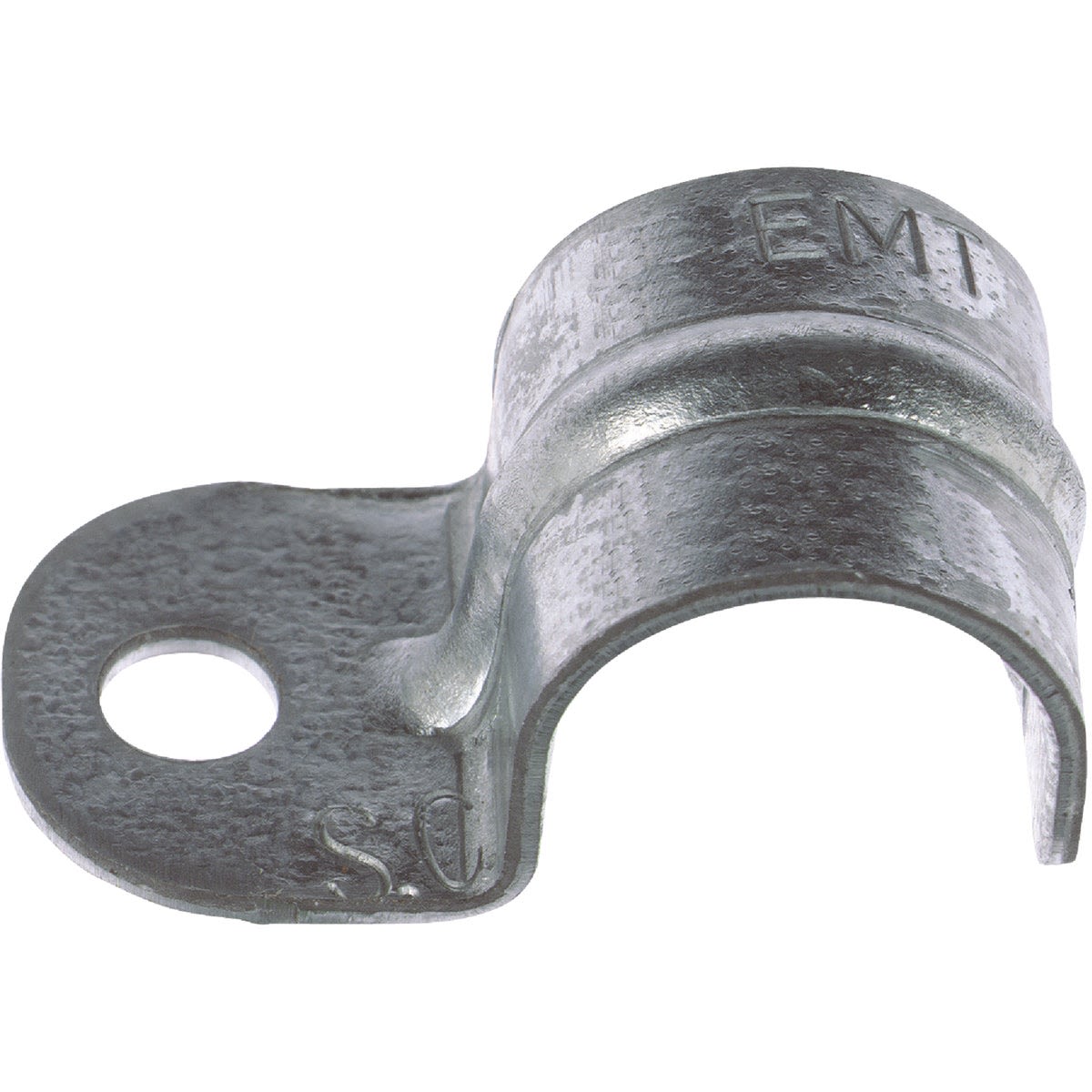 Zinc-plated steel conduit strap with one hole for securing 1/2 inch EMT in electrical home improvement projects