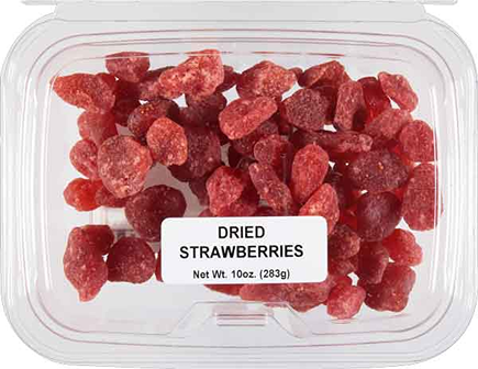 Clear plastic container filled with sweet dried strawberries for snacking and baking under $50 collection