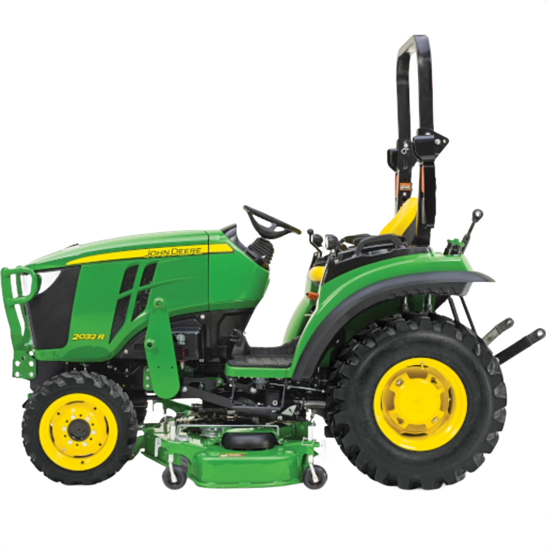 Green and yellow John Deere 2032R Sub-Compact Tractor with durable tires and mowing deck, featured in Outdoor Power Equipment at Hartville Hardware.