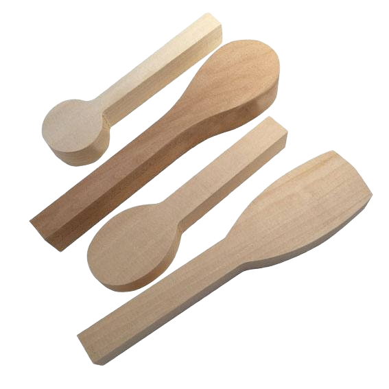 Four unfinished basswood spoon carving blanks with varied shapes for woodworking and home improvement projects