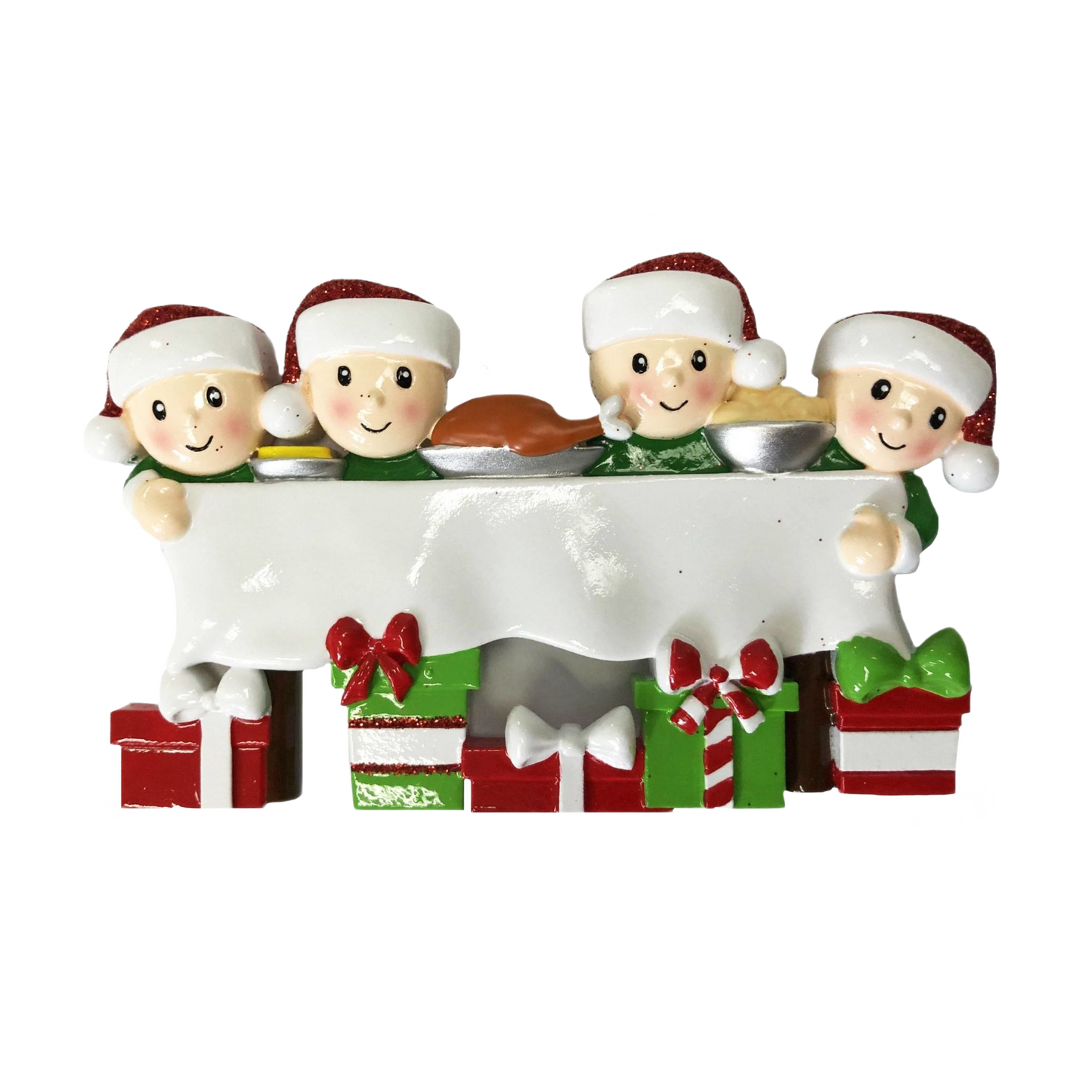 Family of four in Santa hats gathered around a festive dinner table with wrapped gifts Christmas ornament under $50