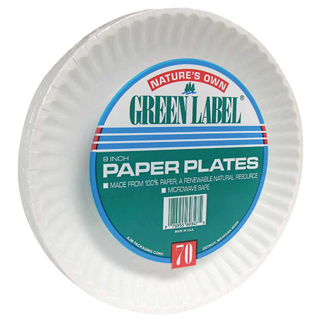Stack of white disposable paper plates labeled as green and eco-friendly with 70 count packaging