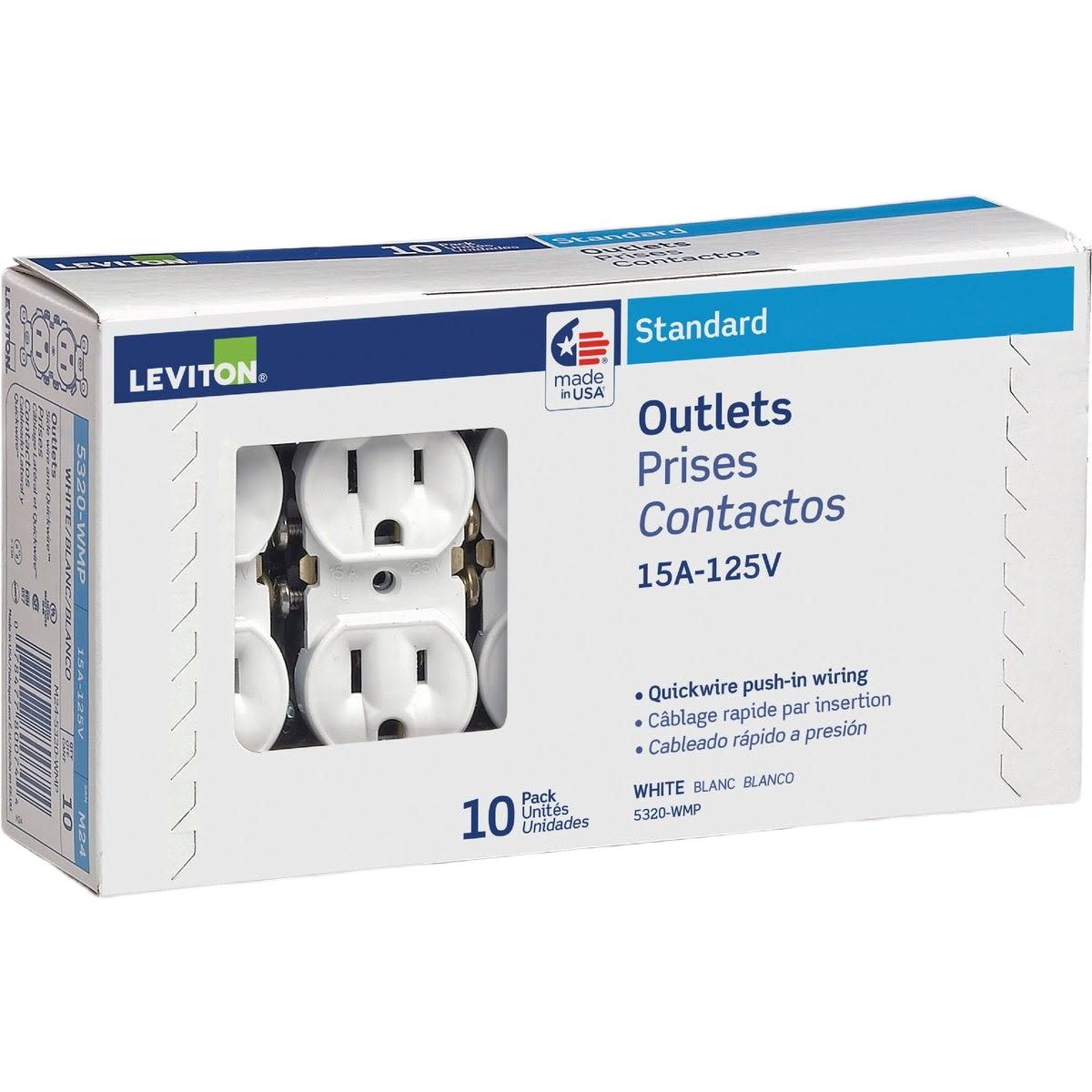 Box of ten white standard grounded duplex electrical outlets with quickwire push-in wiring for home improvement use