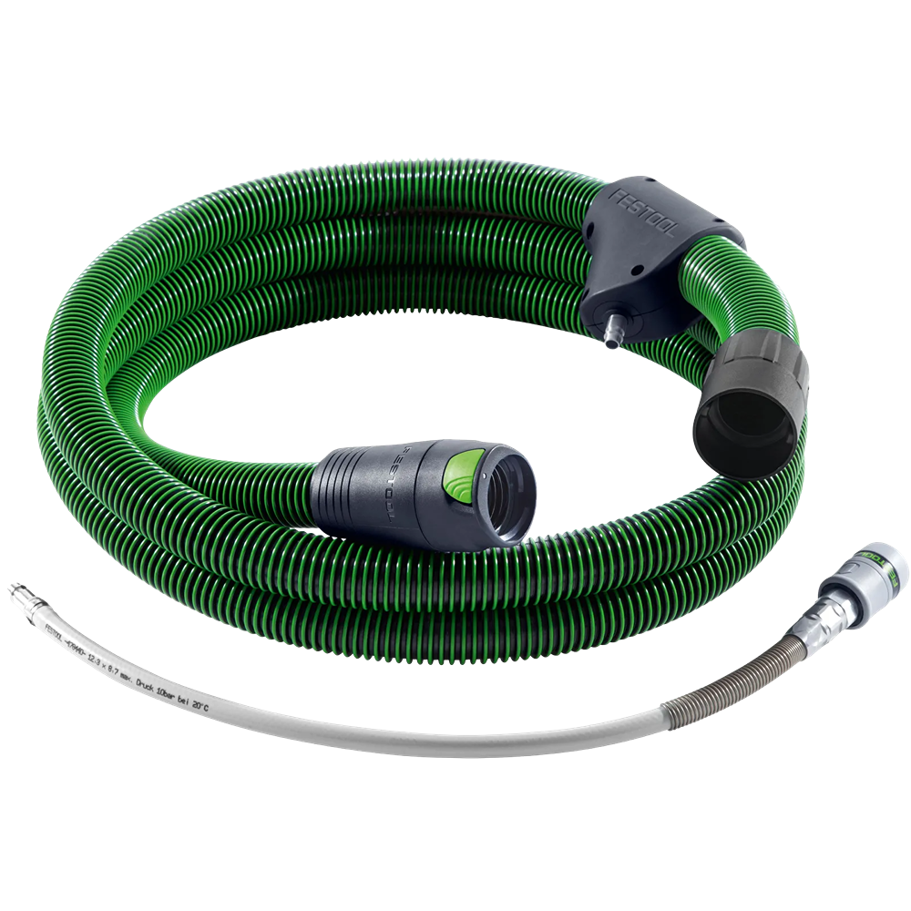Green antistatic dust extraction hose with fittings for woodworking tools and shop vacuum accessories