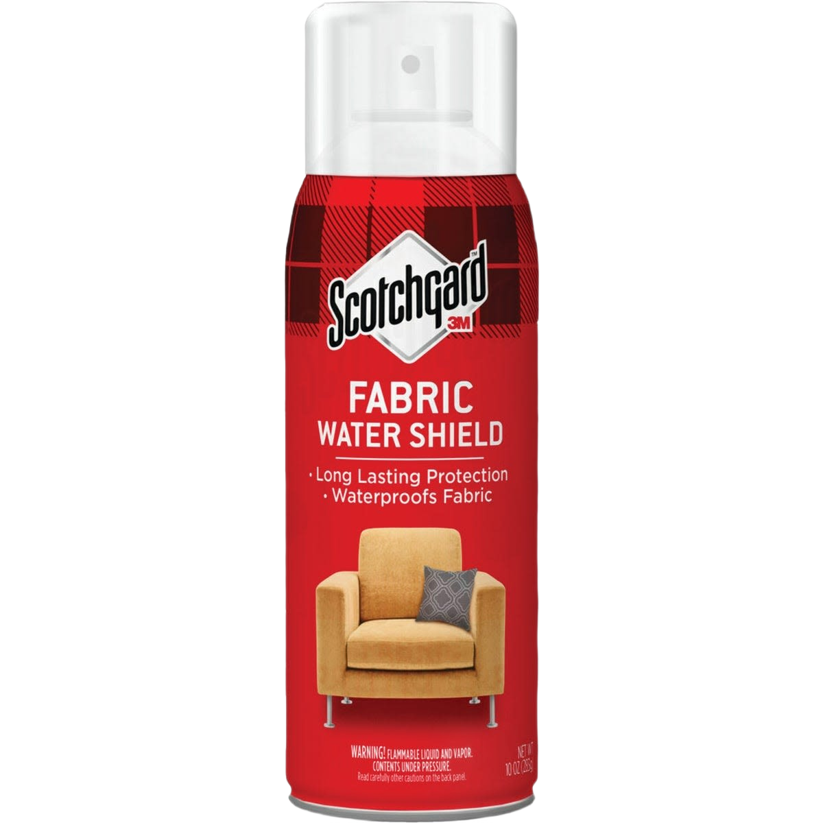 Red spray can of fabric protector with beige upholstered armchair image for floor care and home improvement products under $50