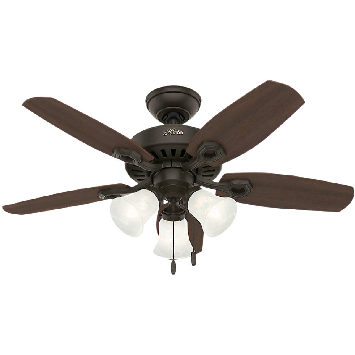Bronze finish ceiling fan with five wood blades and three frosted glass light fixtures for indoor home decor and lighting collections