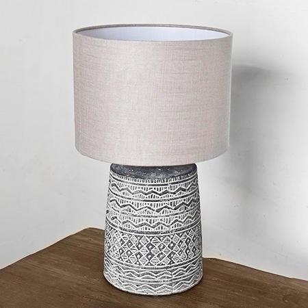 Table lamp with textured charcoal ceramic base and neutral fabric shade for home lighting and decor under $100