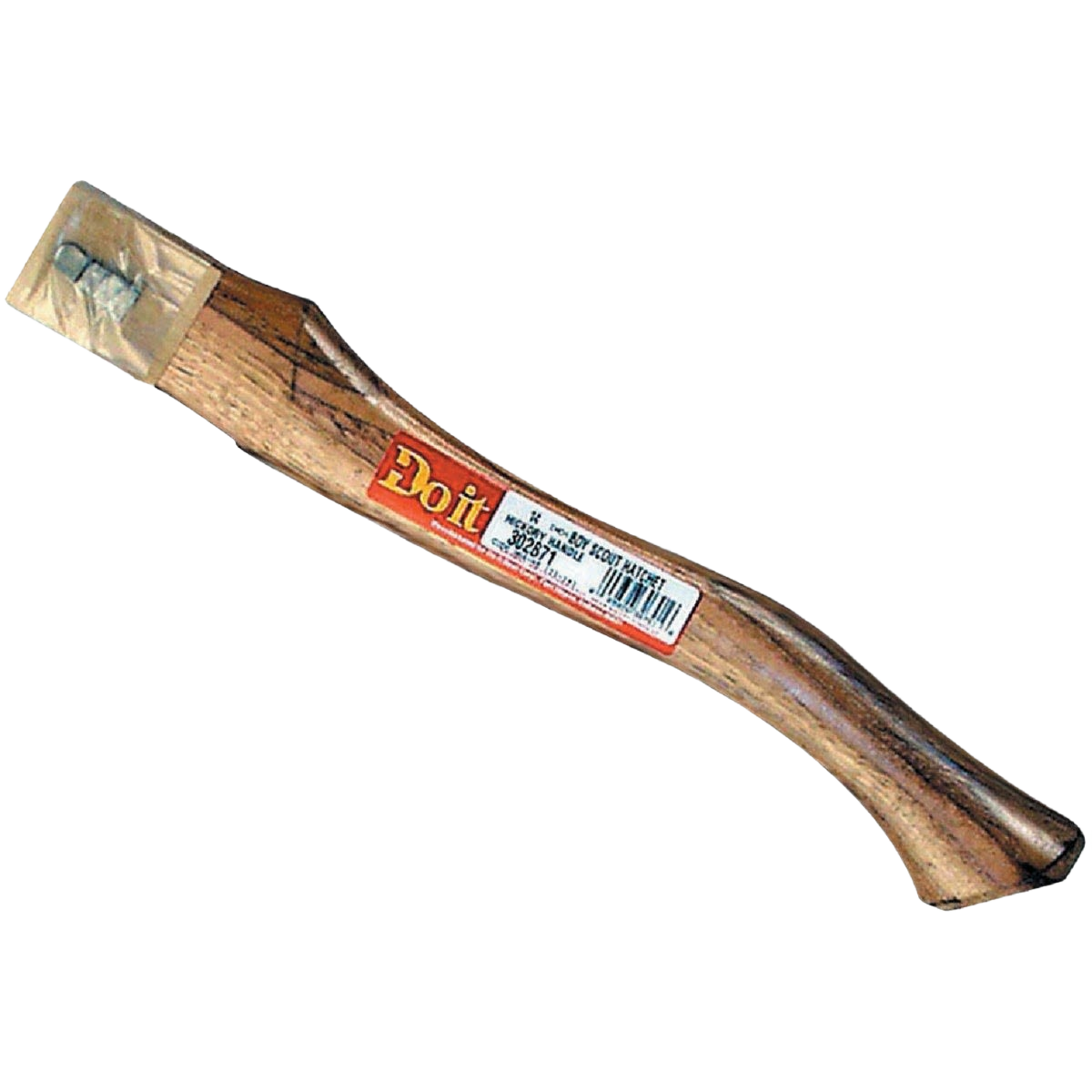 Curved 14-inch hickory axe handle with natural wood grain and protective cap for home improvement use