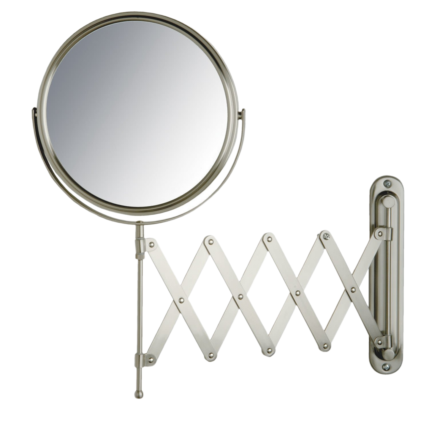 Nickel finish wall-mounted mirror with adjustable accordion arm for versatile use in home improvement projects