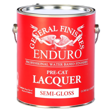 Red can of General Finishes Enduro Pre-Cat semi-gloss water based lacquer for wood finishing and stain projects