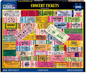 Colorful 1000-piece puzzle featuring vintage concert tickets collage, part of toys and games under $50 collection