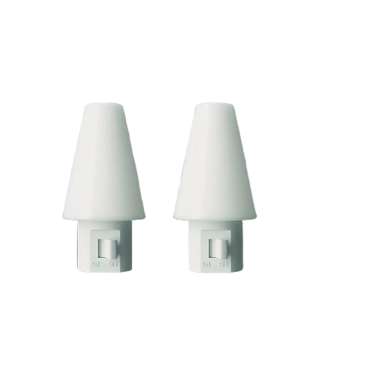 Two white plug-in LED night lights with frosted lenses and on/off switches for night lighting and electrical accessories collections