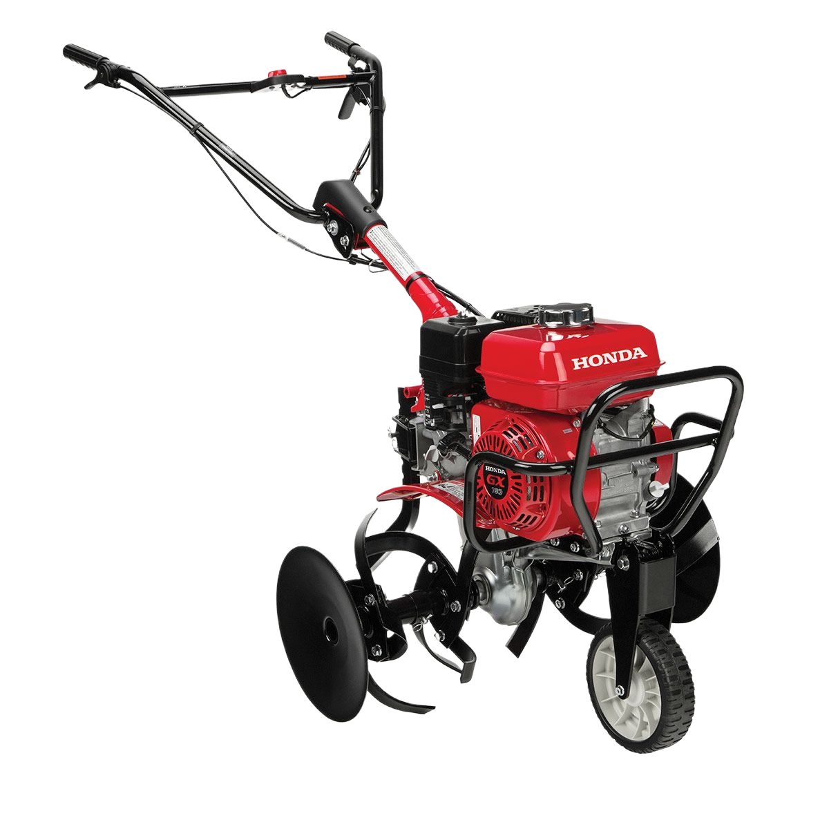 Red and black medium-sized mid-tine tiller with protective front frame and single front wheel for garden soil preparation