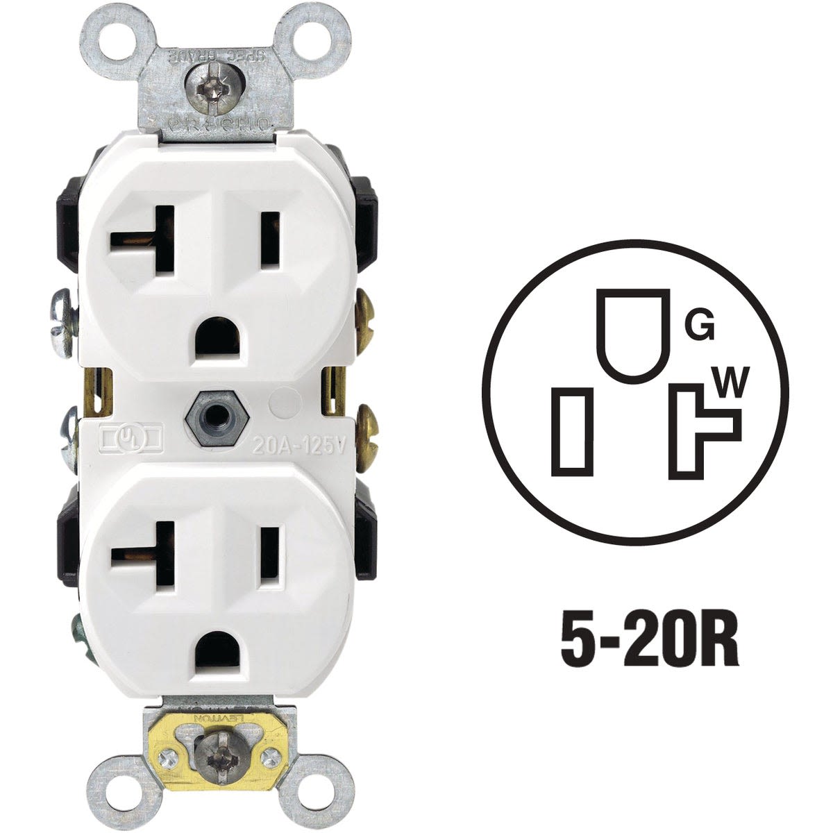 White heavy-duty duplex electrical outlet rated for 20 amp with grounding screw for home improvement projects