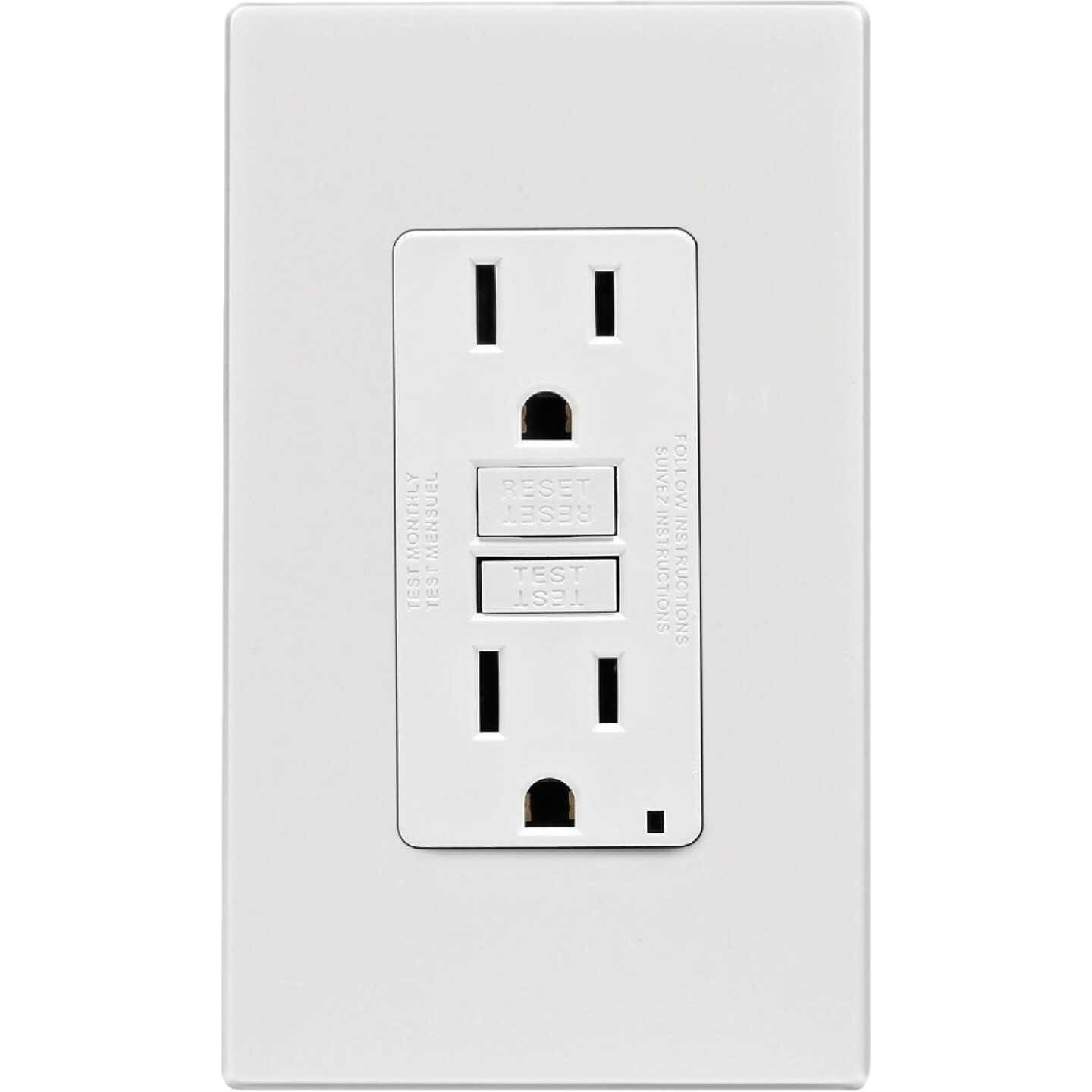 White 15A GFCI outlet with self-test buttons and matching wallplate for electrical safety in home improvement projects under $50