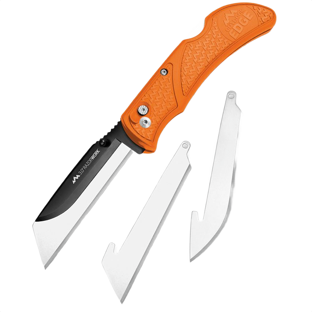 Orange utility knife with replaceable blades and textured handle for outdoor and home improvement tasks