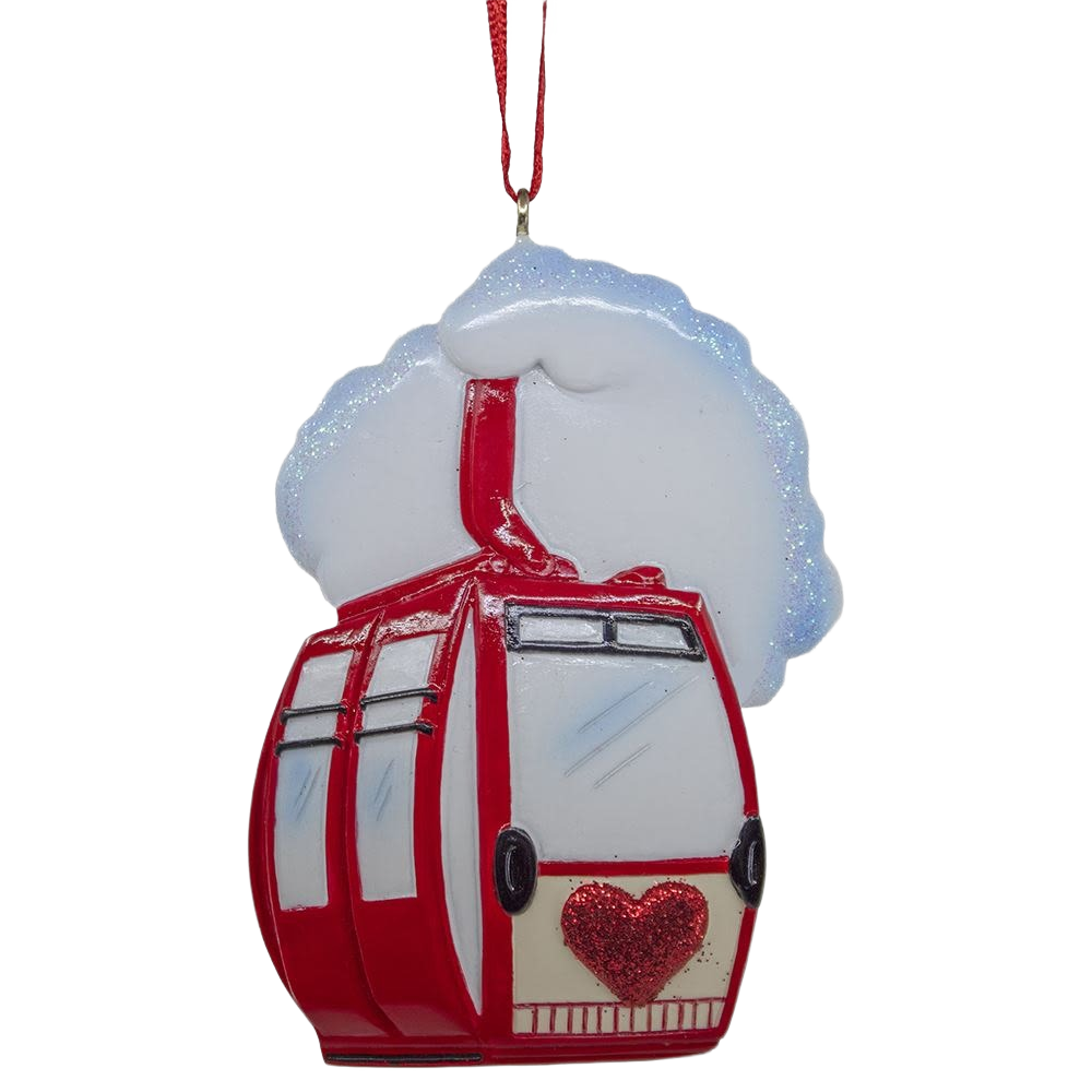 Red ski lift ornament with glittery heart and snowy detail, hanging by a red ribbon for holiday decor