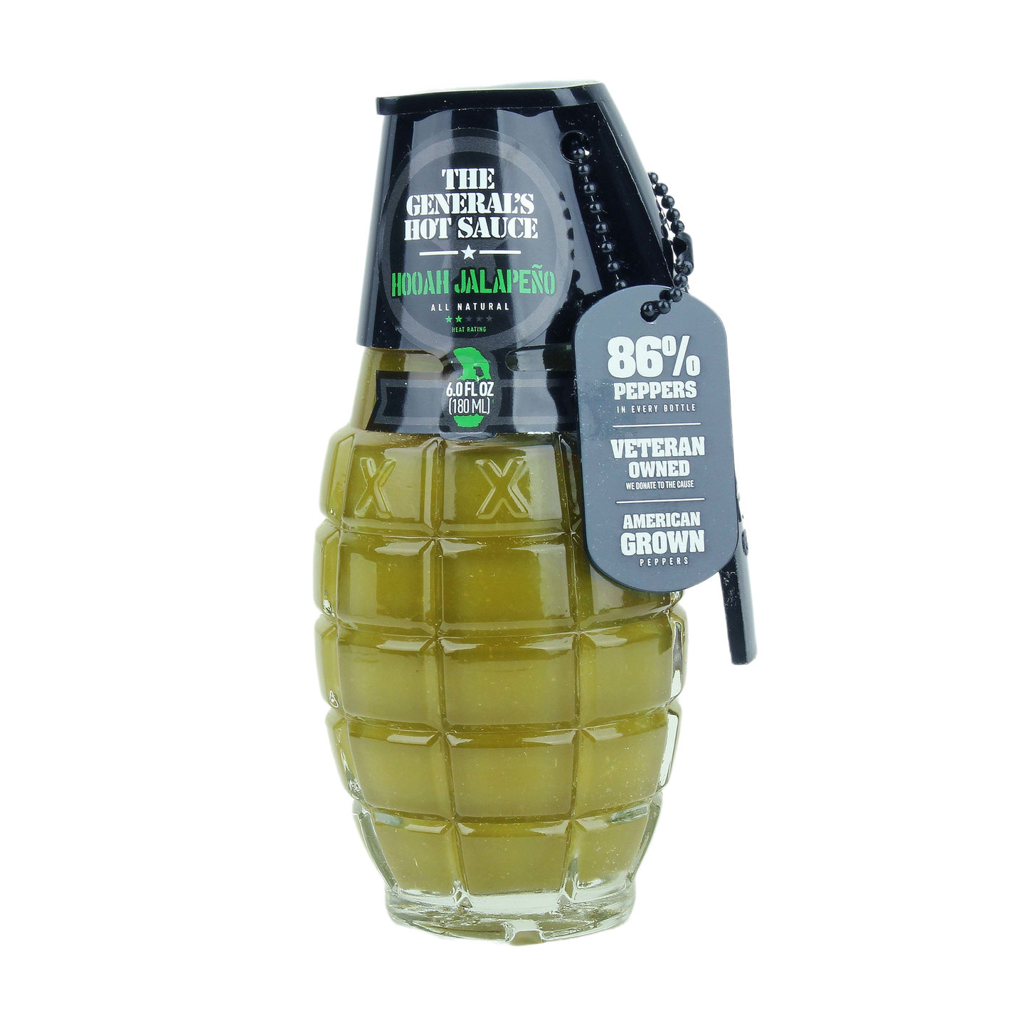 Grenade-shaped bottle of green jalapeno hot sauce with black cap and tag for grilling and outdoor living collections
