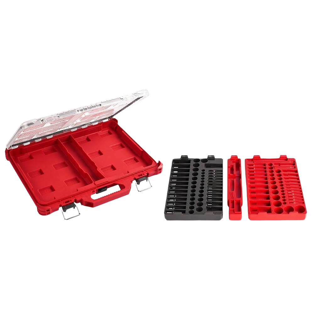 Red and black PACKOUT organizer case with removable trays for storing metric ratchets, sockets, and tool accessories.