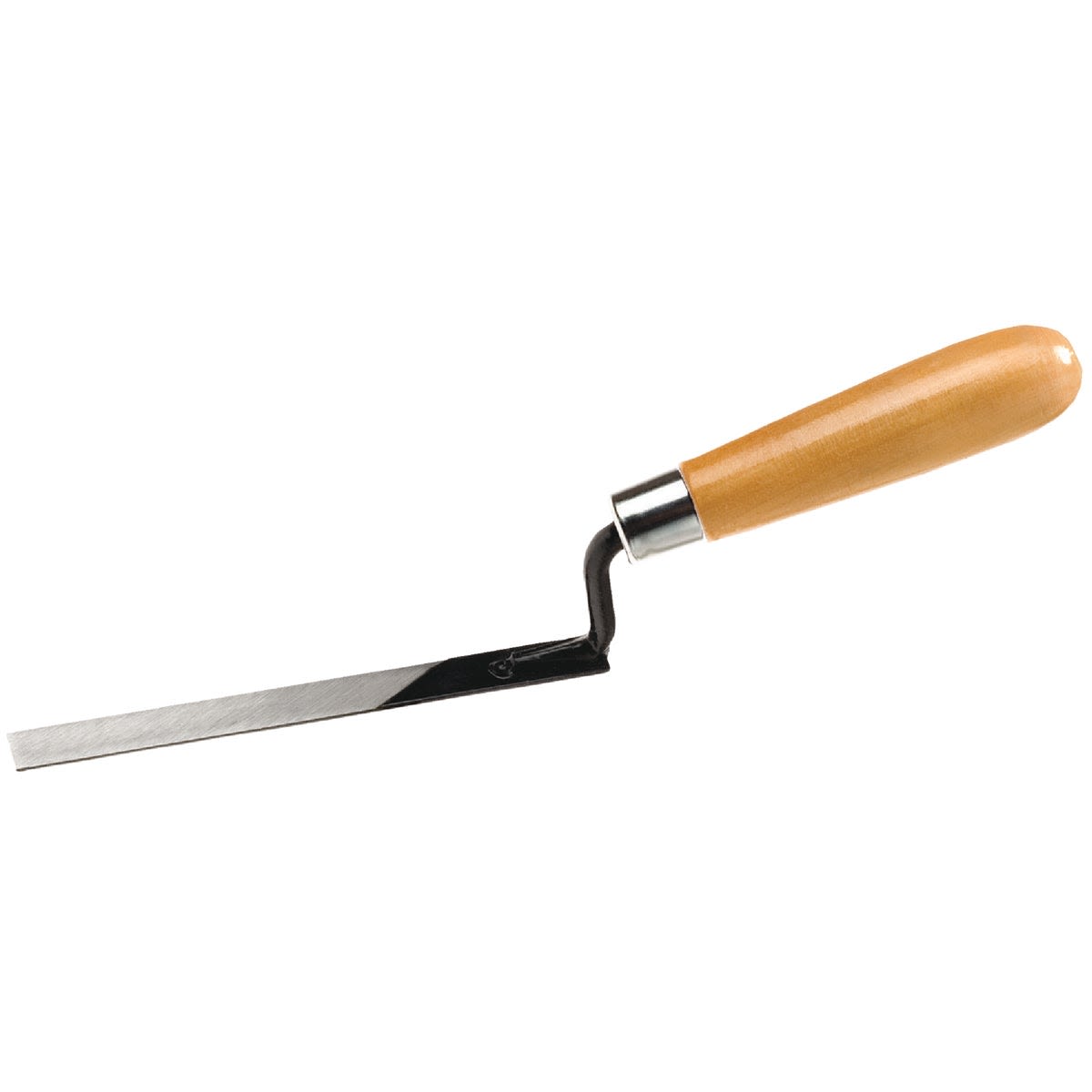 Wood handled home improvement tool with angled metal blade for precise woodwork and tuck pointing tasks