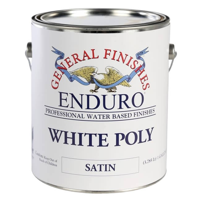 One gallon can of satin white poly water-based wood finish for cabinets and millwork in wood finishing supplies